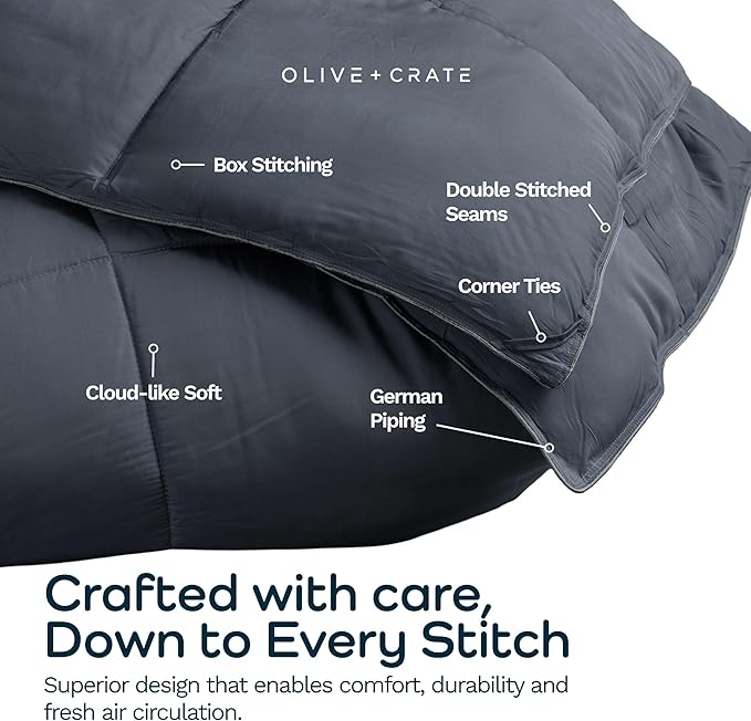 Olive + Crate Cooling Down Alternative Comforter - Hypoallergenic Queen Size Duvet Insert Lightweight - All Seasons Plush Design Bamboo Comforter - 100% Bamboo Viscose Outer Cover - Charcoal 88"x90"