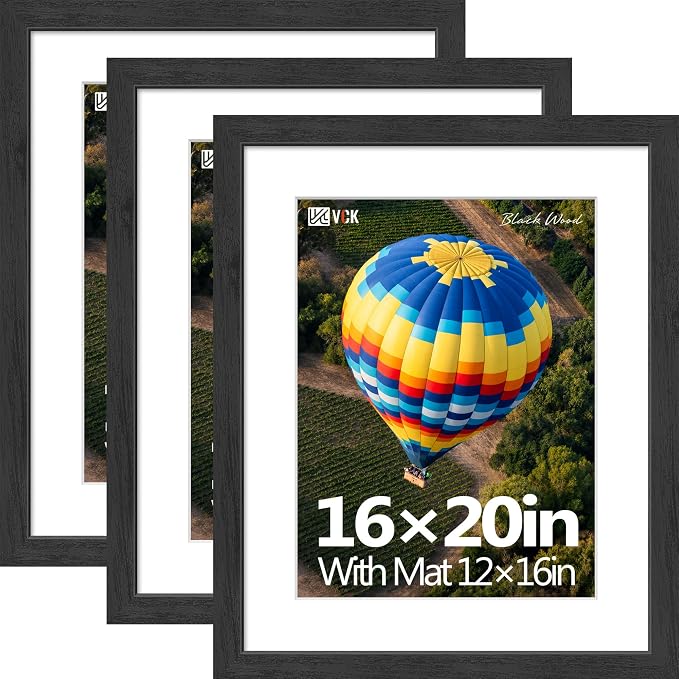 VCK 16x20 Picture Frames Black - 3 Pack, Wide Border Solid Wood, Tempered Glass, Display 12x16 Photo with Mat or 16 x 20 Without, for Home, Office, Gallery, Woodgrain Series, Wall Hanging