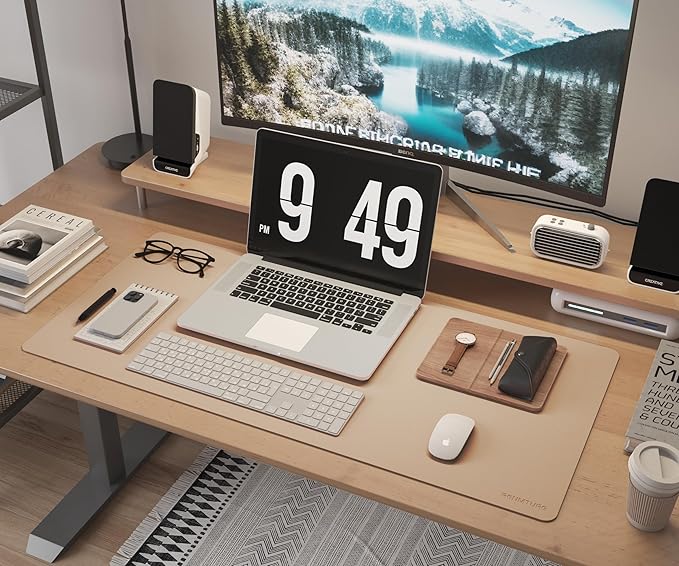 RENMTURE Dual-Sided Large Desk Pad, Faux Leather Natural Cork Mouse pad, Desk Accessories Protector, for Office and Home Work (Off-White, 36"x17")