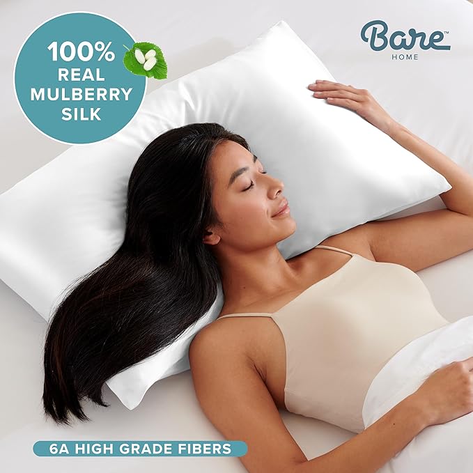 Bare Home 100% Mulberry Silk Pillowcase for Hair and Skin - Ultra Premium 6A Grade 19 Momme Silk Pillow Case - Hidden Zipper - Breathable Cooling Pillow Cover (Standard 2 Pack, White)