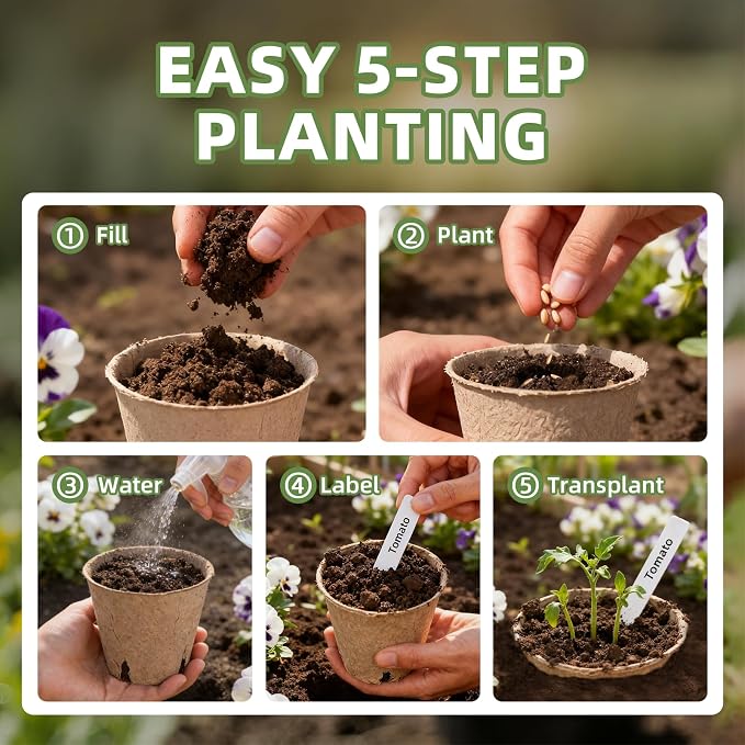 CLEANGOR 70Pcs Biodegradable 4” Peat Pots with 70Pcs Plant Labels | Biodegradable Seed Starter Pots with Drainage Holes, Nursery Pots for Seedlings, Herbs, Vegetables, Flowers, Gardening Kit