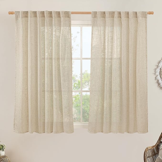 LAMIT Linen Semi Sheer Curtains 48 Inch for Bedroom, Light Filtering Neutral Window Curtains Farmhouse Boho Back Tab and Rod Pocket Panels, Linen, 2 Panels, 52 x 48 Inch