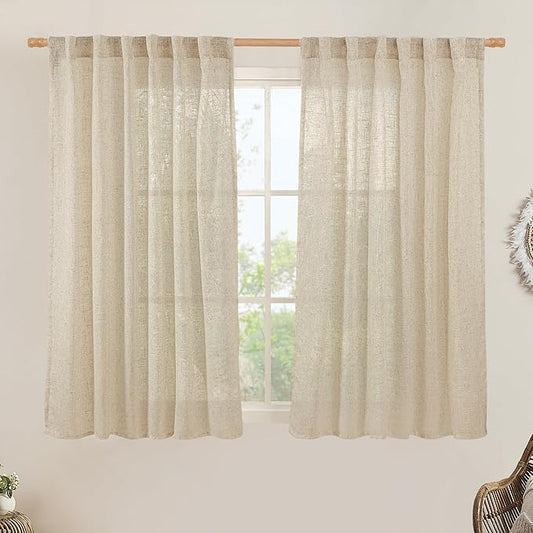 LAMIT Linen Semi Sheer Curtains 48 Inch for Bedroom, Light Filtering Neutral Window Curtains Farmhouse Boho Back Tab and Rod Pocket Panels, Linen, 2 Panels, 52 x 48 Inch