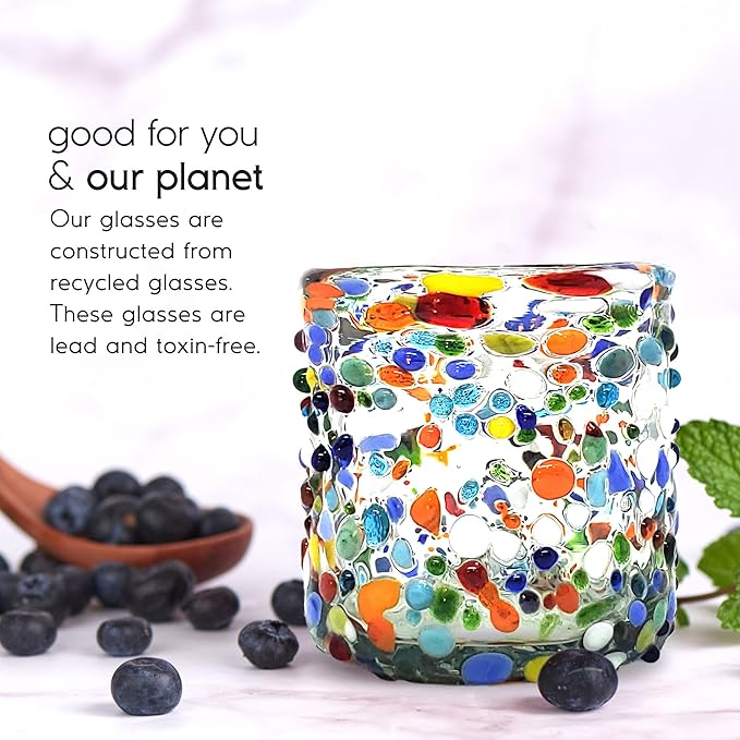 Confetti Rocks 8 oz DOF Glasses (set of 6) | Hand Blown Drinking Glasses, Multicolor Mexican Glassware Tumblers for Water, Juice, Margaritas & Cocktails | Lead-free, Toxin-Free