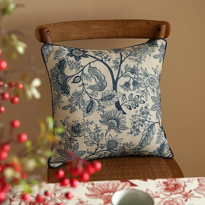 ISAENNE Design Linen Square Throw Pillow Covers 18"x18" Pack of 2, French Country Cushion Covers with Blue Toile de Jouy Floral Pattern Decoration Pillowcases for Bed, Living Room, Outdoor, Car