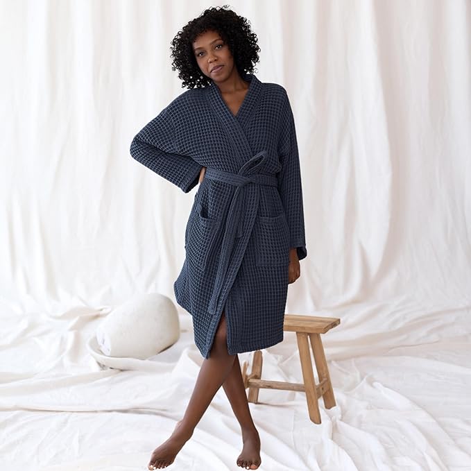 Womens Kimono Waffle Robe - Lightweight 100% Turkish Cotton Housecoat for All-Day Lounging - Bathrobe for Shower