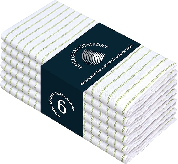 Lemon Green Stripe Cloth Napkins (Set of 6), 18x18 Inch, 100% Cotton, Classic Striped, Soft, Absorbent, Washable Fabric, Durable Table Napkin for Dinners, Luncheon, Everyday Dining