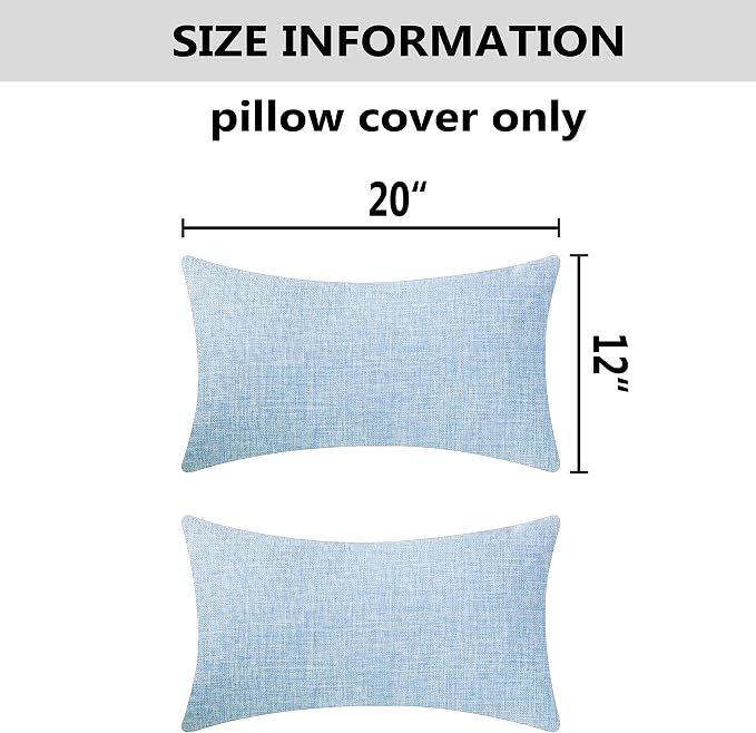 Home Brilliant Lined Burlap Linen Decorative Pillowcases Oblong Cushion Cover for Bench, 2 Pack, 12" x 20", Light Blue