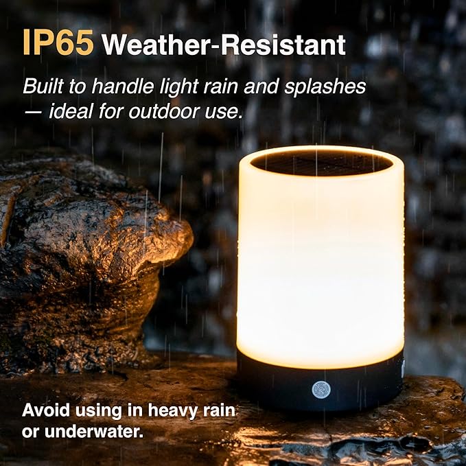 ORIMSBO® Solar Table Lamp, USB & Solar Rechargeable Bedside Night Light, 4 Brightness Levels, IP65 Waterproof, Portable Light for Bedroom, Camping, Patio, Emergency Use