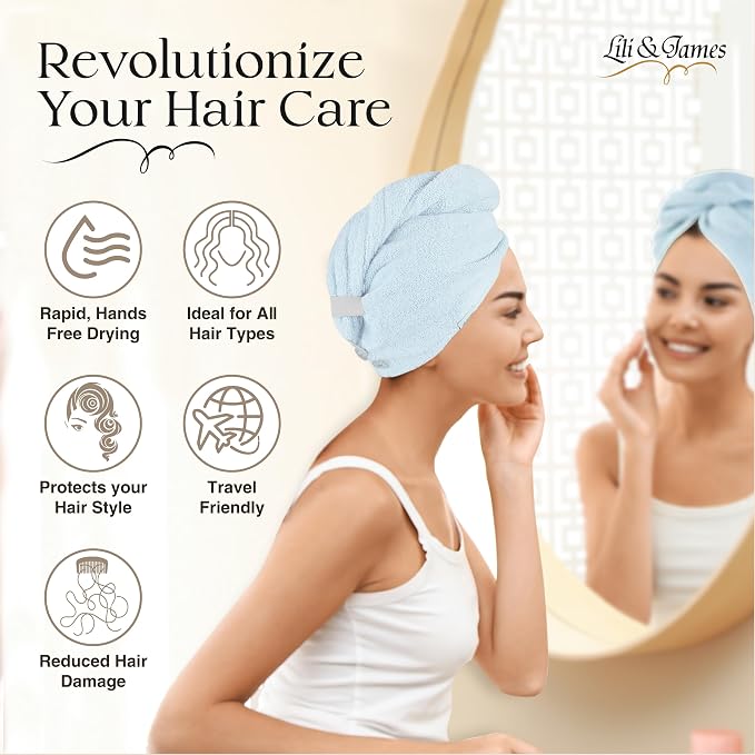 Lili&James 100% Cotton Hair Towel Wrap for Women & Kids – 420 GSM Quick Dry Hair Turban with Double Button Loop, Anti Frizz Non Microfiber Hair Drying Towel for Curly, Long & Thick Hair (Blue)
