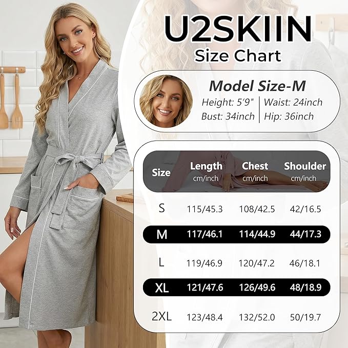 U2SKIIN Womens Organic Cotton Robe, Lightweight Long Kimono Bathrobe for Women, Soft Spa Lounge Sleepwear with Pockets