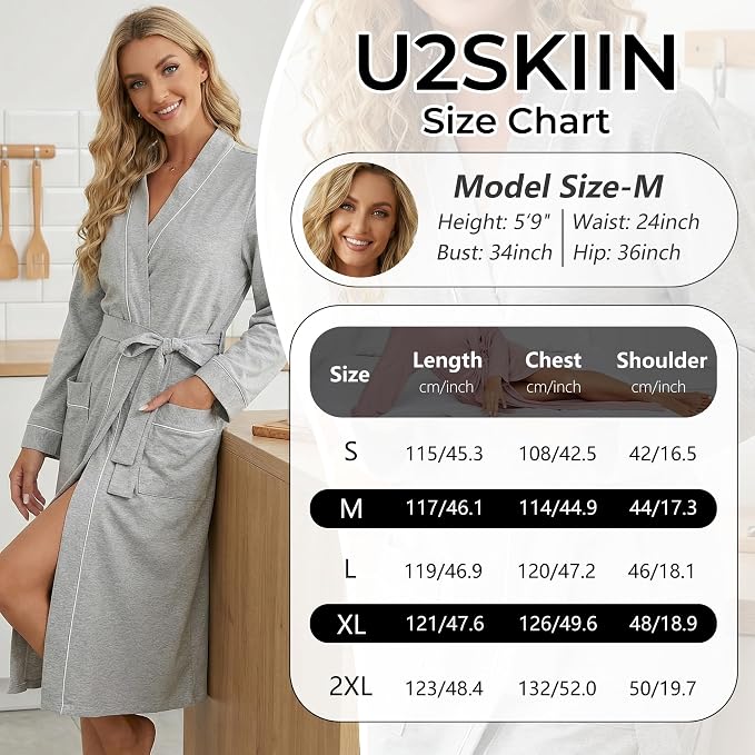 U2SKIIN Womens Organic Cotton Robe, Lightweight Long Kimono Bathrobe for Women, Soft Spa Lounge Sleepwear with Pockets