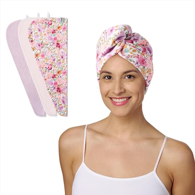 Turbie Twist 3-Pack Microfiber Hair Towel for Beauty, Travel, Gifting - Hair Wrap Turban for Straight, Wavy & Curly Hair - Premium Personal Care - Floral