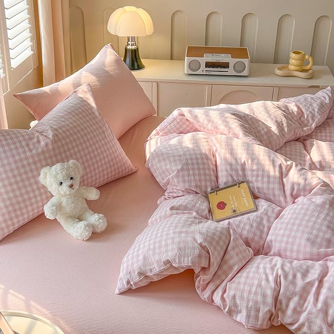 mixinni Light Pink Gingham Duvet Cover Set Twin XL Size - 100% Washed Cotton 3 Piece Plaid Checkered Bedding Set, Soft Comfy Grid Farmhouse Comforter Cover with Zipper Closure & Corner Ties