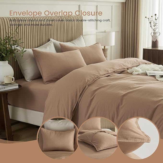 BISELINA French Linen Duvet Cover Set 3pcs with Hidden Zipper Closure Natural Flax Cotton Blend Solid Color Soft Breathable Luxury Farmhouse Bedding - Full Size, Clay