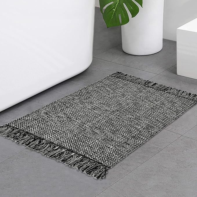 Collive Black Bathroom Rug, 2' x 3' Hand-Woven Washable Small Kitchen Rugs, 45% Cotton, 45% Polyester, 10% Viscose - Cotton Reversible Entryway Rug Modern Farmhouse Carpet for Foyer Bedroom Back Door