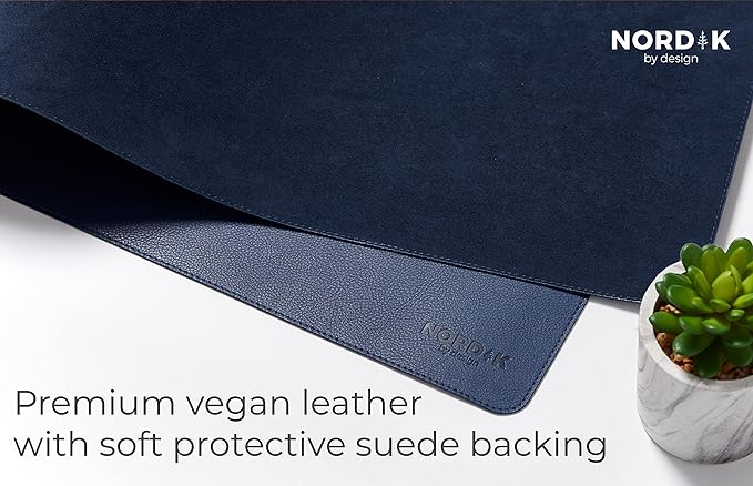 Nordik Leather Desk Mat Cable Organizer (Midnight Blue 35 x 17 inch) Premium Extended Mouse Mat for Home Office Accessories - Felt Vegan Large Leather Desk Pad Protector & Desk Blotter Pads Decor