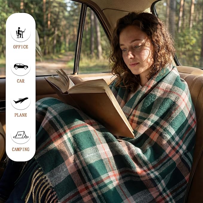 Soft 100% Wool Throw Blanket, Lightweight Warmth, 55"x83", Compact with Bag, Fringe, Plaid, Useful Gift for Women Men, Spring Summer Cozy Travel Blanket for Couch, Airplane, Car, Outdoors