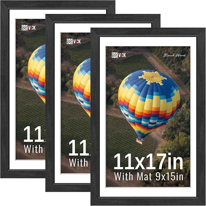 VCK 11x17 Picture Frames Black 3 Pack, Wide Border Solid Wood, Tempered Glass, Display 9x15 Photo with Mat or 11 x 17 without, for Home, Office, Gallery, Woodgrain Series, Wall Hanging