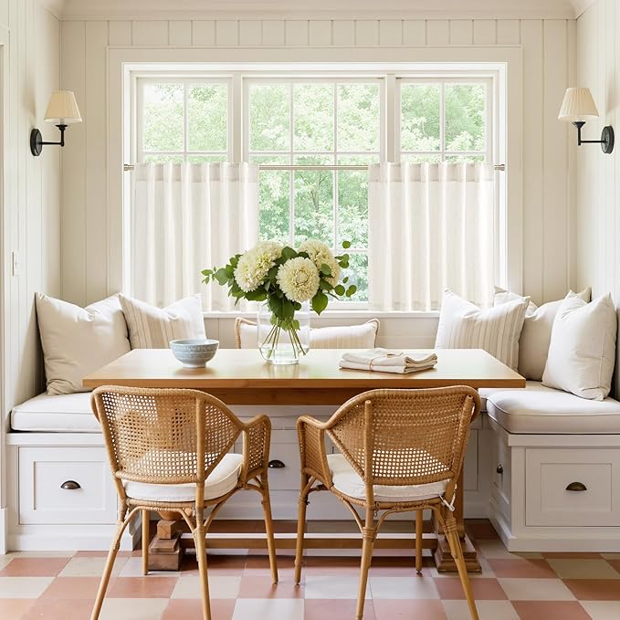 NICETOWN Cream Linen Kitchen Curtains 18 inches Long, Rod Pocket & Back Tab Thick Flax Blend Privacy with Light Filtering Short Window Treatments for Cafe, W55 x L18, 2 Panels