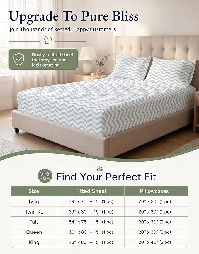 LANE LINEN 100% Organic Cotton Twin XL Fitted Sheet, 2-Piece Set (1 Fitted Sheet, 1 Pillowcase), Percale Weave, Lightweight, Soft, Breathable, Fits Mattress Upto 15' Deep - Cool Blue Chevron