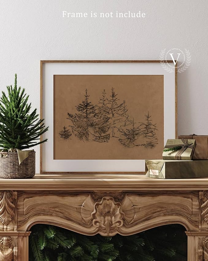 Vodefoad Vintage Xmas Pine Tree Sketch Print Classical Naturalist Tree Landscape Print Painting Moody Christmas Farmhouse Wall Art Minimalist Mid Century Wall Art Painting Picture Aesthetic for Bedroom Bathroom Living Room Office Winter Decor - 8x10Inc...