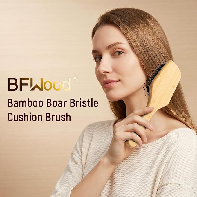 BFWood Boar Bristle Hair Brush - Natural Bamboo Hair Brush with Boar Bristle, Paddle Detangling HairBrush for Women Men Thick Curly Thin Long Short Wet Dry
