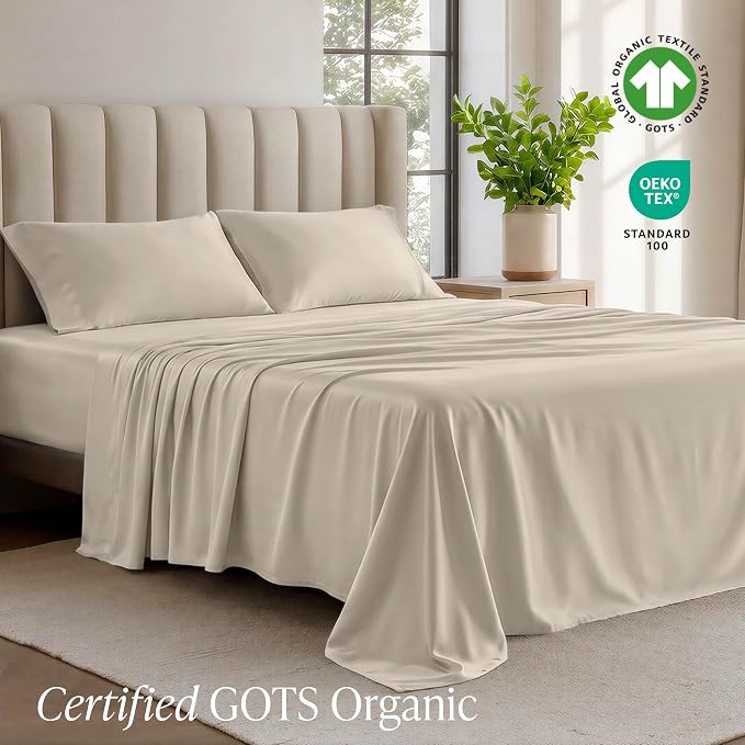 Bare Home 100% Organic Cotton Jersey Sheet Set, Ultra Soft, 100% Cotton - Sheet Set & Pillowcases - Deep Pocket Bed Sheets (Split King, Sand)