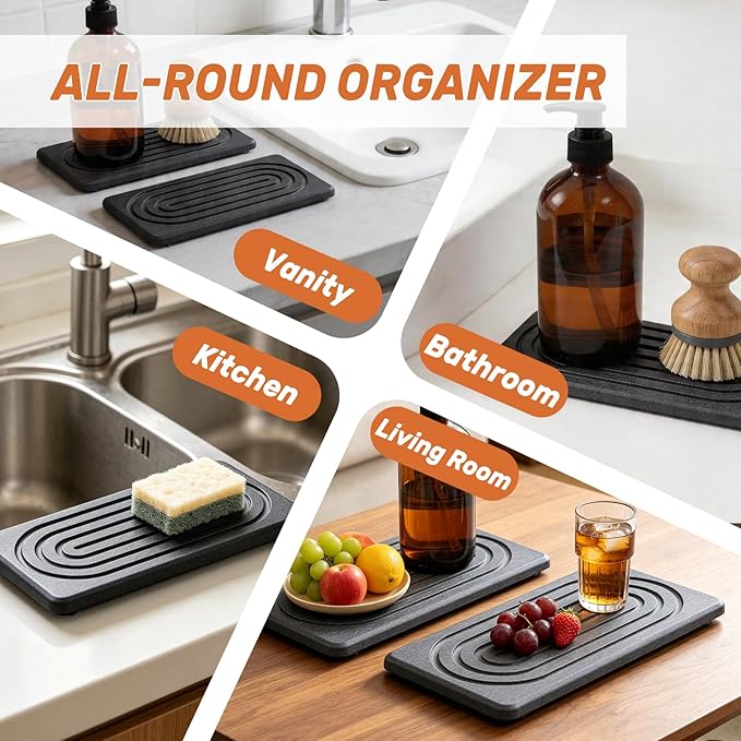 2 PCS Water Absorbing Stone Tray, Quick Drying Diatomite Sink Tray, Non-Slip Drying Mat for Bathroom Vanity & Kitchen Counter, Soap Dispenser Sponge Holder Organizer, White 8.3x4 Inch (Black)