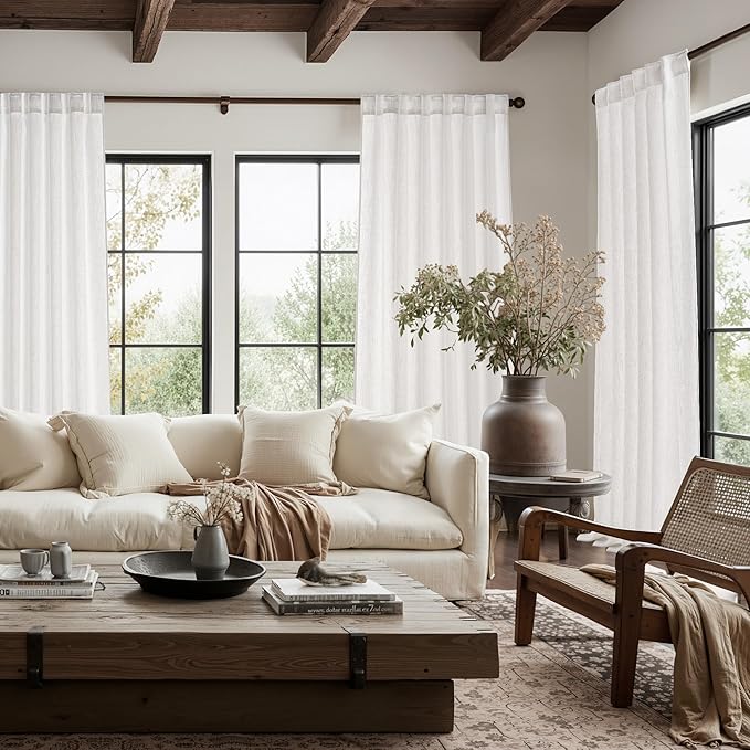 NICETOWN Faux Linen Curtains 84 inch Long 2 Panels Set for Bedroom/Living Room, 55" Wide Snow Wihte Thick Flax Linen Privacy Window Drapes Rod Pocket & Back Tab with Light Filtering, W55 x L84
