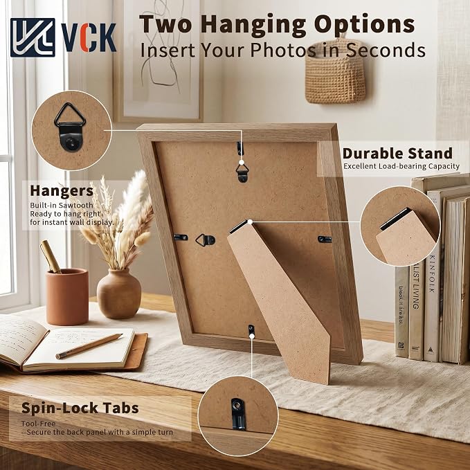 VCK 8x10 Picture Frames Walnut 3 Pack, Wide Border Wood, Tempered Glass, Display 5x7 Poster Photo with Mat or 8 x 10 Without, for Home, Office, Gallery, Woodgrain Series, Tabletop & Wall Hanging