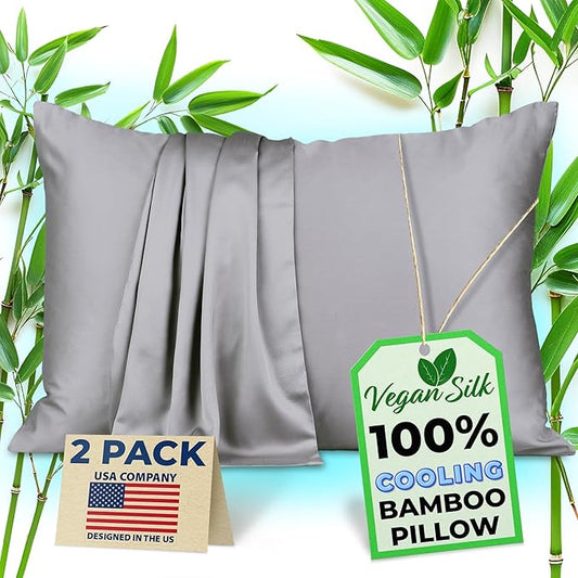 Pillow Cases - 100% Viscose Derived from Bamboo - Cooling Pillowcase - King Size, Gray, Set of 2 Zippered - for Hot Sleepers - Soft Pillow Covers - by Vegan Silk