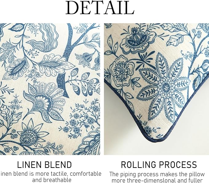 ISAENNE Design Linen Square Throw Pillow Covers 18"x18" Pack of 2, French Country Cushion Covers with Blue Toile de Jouy Floral Pattern Decoration Pillowcases for Bed, Living Room, Outdoor, Car
