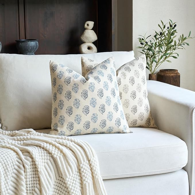 FIOUOVO Floral Vintage Throw Pillow Covers 24x24 Pillow Cover Block Print Decorative Cushion Covers Farmhouse Neutral Accent Home Décor for Sofa Couch Living Room Bedroom, 1PC, Aqua Blue