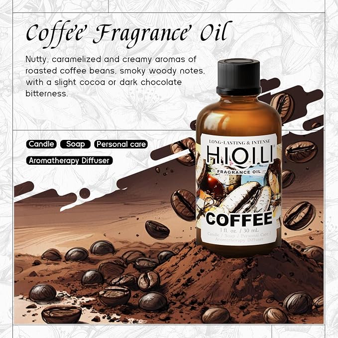 HIQILI Coffee Fragrance Oil for Candle Making & Diffusers Use - 1 Fl Oz | for Scent Humidifier, Perfect for Soap, Body Scrubs & Perfume Making, New Car & Home - 30 ML