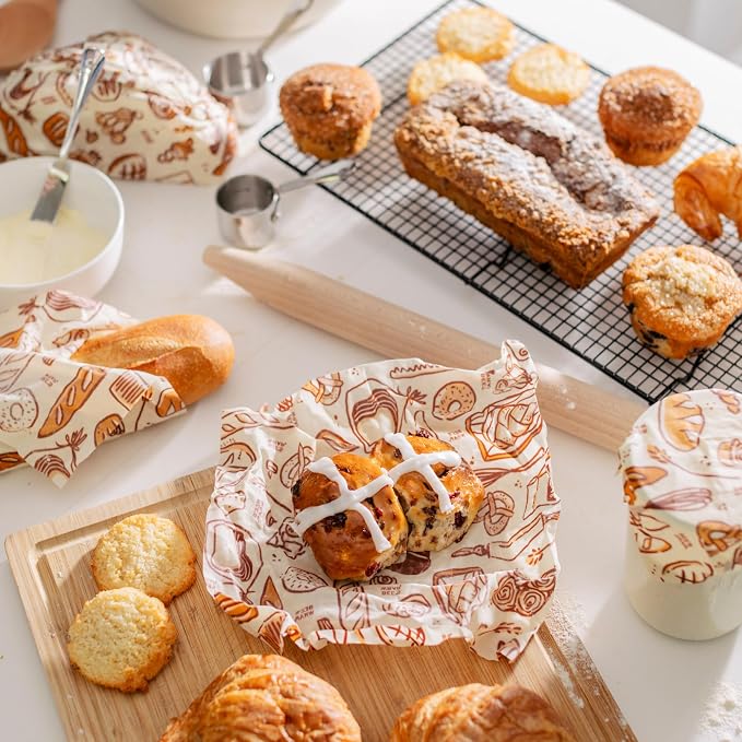 Bee's Wrap Bakery Lane Starter Kit - Beeswax Food Wraps Bundle Includes 1 Bread Wrap, 1 Cut to Size Roll & 3 Assorted Bakery Lane Wraps - Made in the USA Beeswax Reusable Wraps for Food