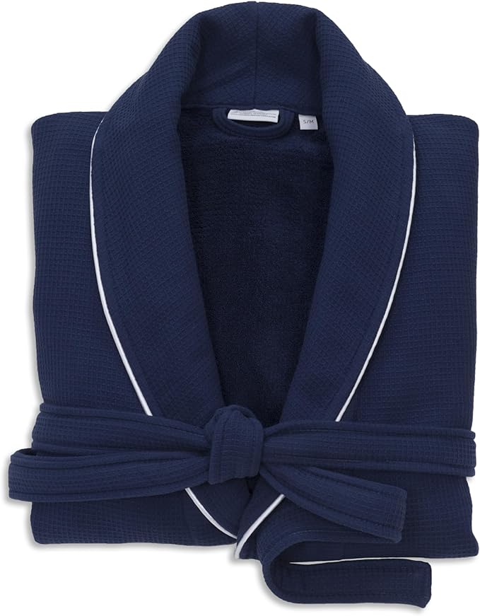 Luxury Turkish Cotton Bathrobe for Women & Men, Waffle Terry Shawl Collar Spa Robe with Satin Trim & Pockets
