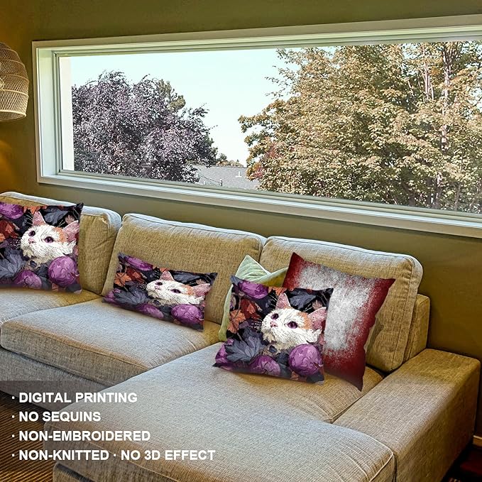 Shrahala Cute Cat Decorative Throw Pillow Cover, Cat Among Purple Fruits Lumbar Pillowcase Blended Double-Sided No Inserts for Bedroom Living Room Set of 2 (12 x 20 in)