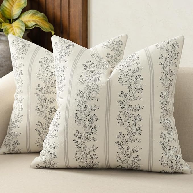 Vintage Throw Pillow Covers 18x18 Set of 2, Striped Floral Pillow Cover Botanical Patterned Decorative Cushion Covers Modern Farmhouse Home Decor for Sofa Couch Bed Living Room, Quiet Gray