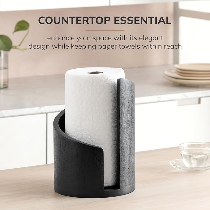 Anji Mountain Wooden Paper Towel Holder Countertop with Mango Wood Round Base and Iron Holder, Holder Stand for Kitchen Roll Organizer & Kitchen Dining Table Home Decor - Black/Black, Classic