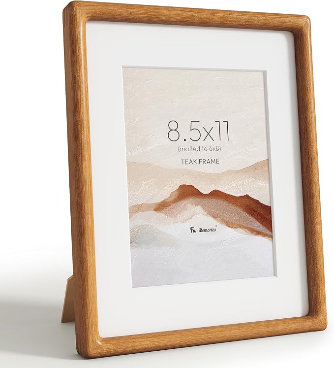 8.5x11 Picture Frame, USA-Sourced Teak Wood Picture Frame, 8.5x11 Certificate Frame with High Tempered Glass, 8.5 by 11 Diploma Frame Matted to 6x8 Photo for Wall & Tabletop Display, 1 Pack