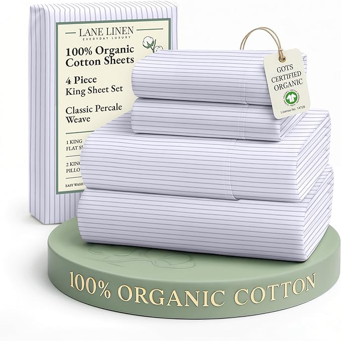 LANE LINEN Eco Friendly 100% Organic Cotton King Bed Sheets Set, Printed Modern Cotton Sheets, Soft & Comfy Low Pill Fade Resistance Fully Elasticized King Size Bed Set 15" deep Pockets