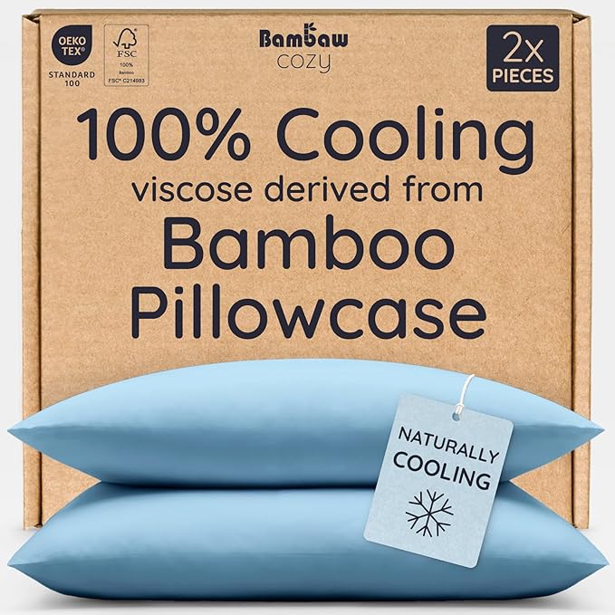 Bambaw 100% Viscose Derived from Bamboo Pillowcases Queen Size – Set of 2 Cooling Pillow Cases Queen Size with Envelope Closure, Super Soft Pillow Cases, Anti Acne Pillow Case (Dream Blue)