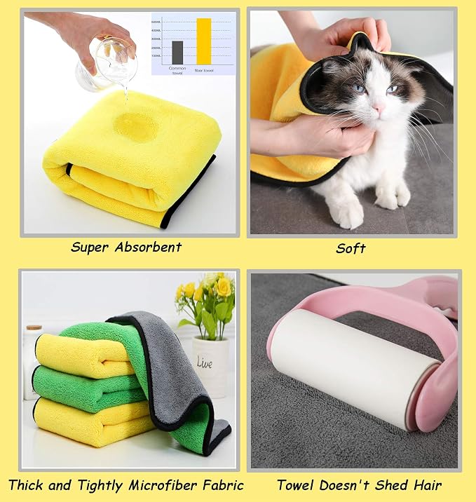 2 Pack Dog Towels Super Absorbent Pet Bath Towel Microfiber Dog Drying Towel for Small Medium Large Dogs and Cats, Machine Washable, 19.7Inch x 39.4Inch, Yellow-Grey & Green-Grey