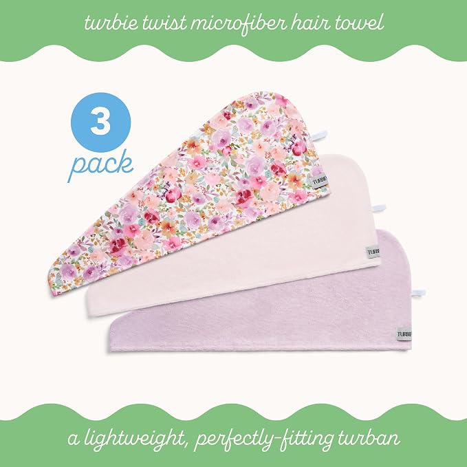 Turbie Twist 3-Pack Microfiber Hair Towel for Beauty, Travel, Gifting - Hair Wrap Turban for Straight, Wavy & Curly Hair - Premium Personal Care - Floral