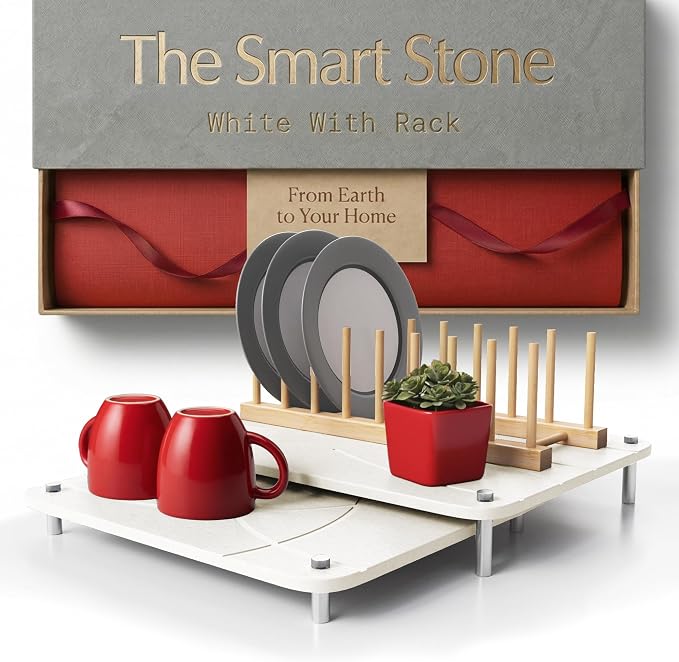 Nested Dish Drying Stone Mat with Bamboo Rack | Large 16"x12" Dish Drying Mat plus 13"x12" Diatomaceous Earth Stone Mat | Expands to 29” x 12” | Premium Stone Mat for Kitchen Counter (White)