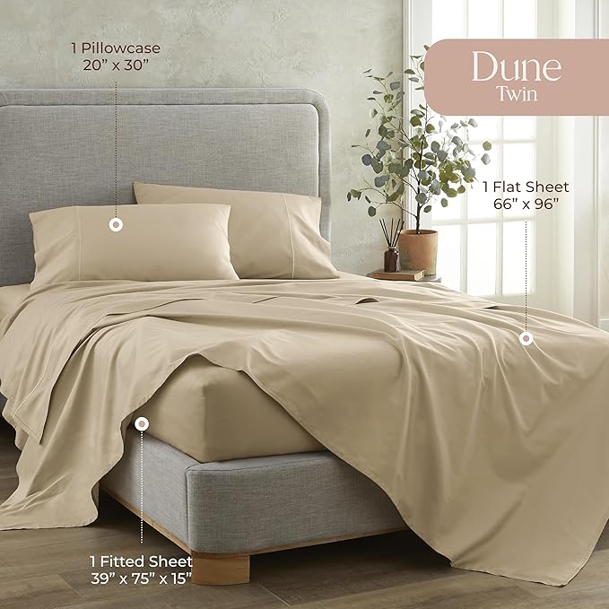 100% Organic Cotton Sheets Twin Size - GOTS Certified Organic Bed Sheets with Deep Pocket 300 Thread Count & Cozy Sateen Weave Gets Softer with Each Wash - Luxury 3 Piece Set (Dune, Twin)