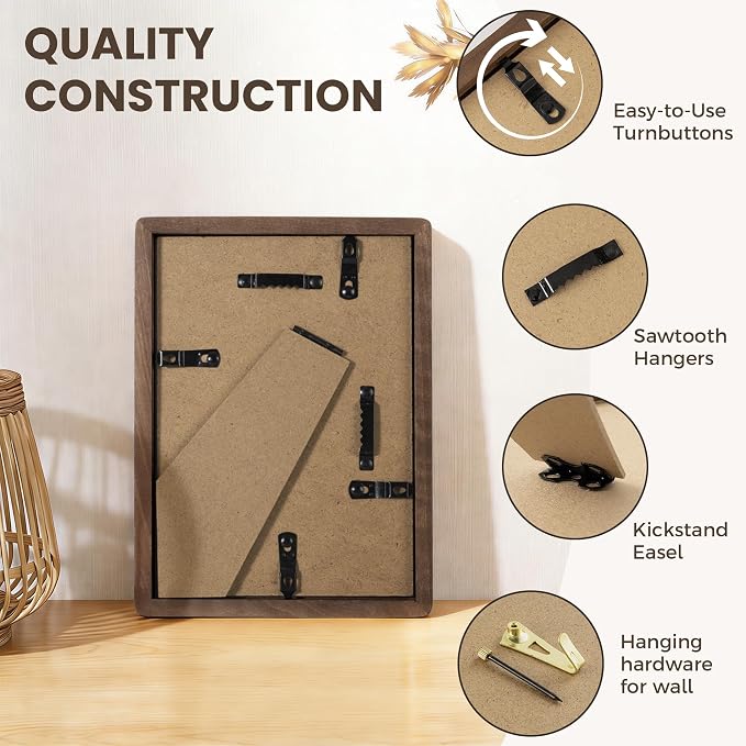 4x6 Picture Frame, USA-Sourced Walnut Wood Photo Frames with HD Tempered Glass, Display Photo 3.5x5 with Mat or 4x6 Without Mat, 4 x 6 Frame for Tabletop or Wall Display, Walnut Color, 1 Pack