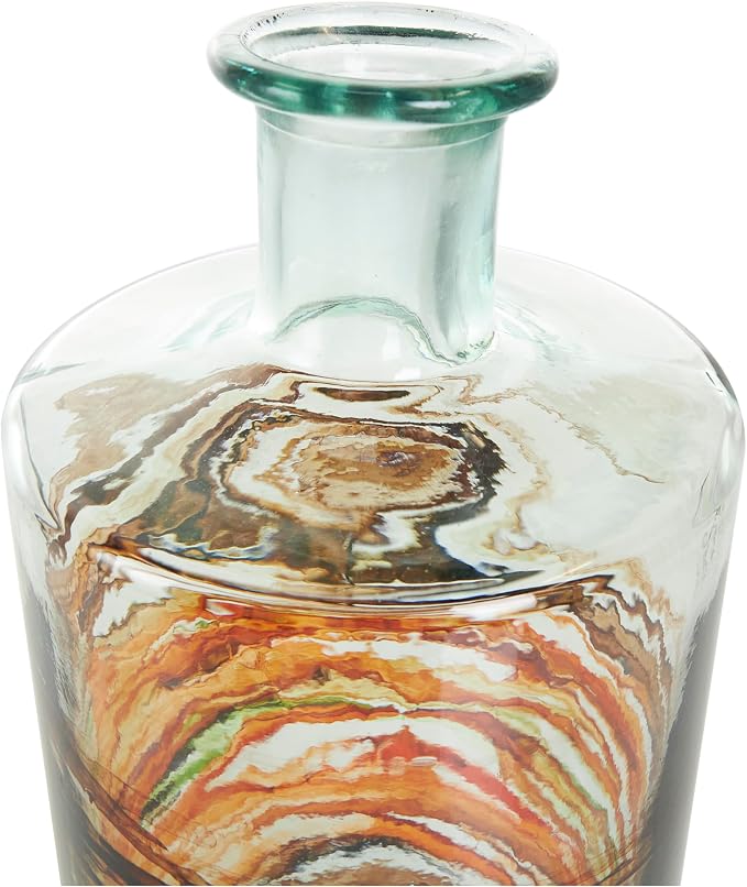 Deco 79 Recycled Glass Decorative Vase Abstract Spanish Bottle Centerpiece Vase with Swirled Colored Glass Bands, Flower Vase for Home Decoration 6" x 6" x 16", Clear