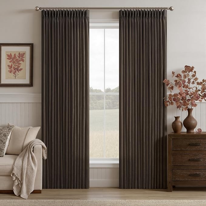 Dark Chocolate 80 Inch Pinch Pleated Linen Curtains 2 Panels Set for Living Room Bedroom Boho Farmhouse Light Filtering Semi Sheer Back Tab Pinch Pleat Hooks Rings Window Curtain 80 Inches Long